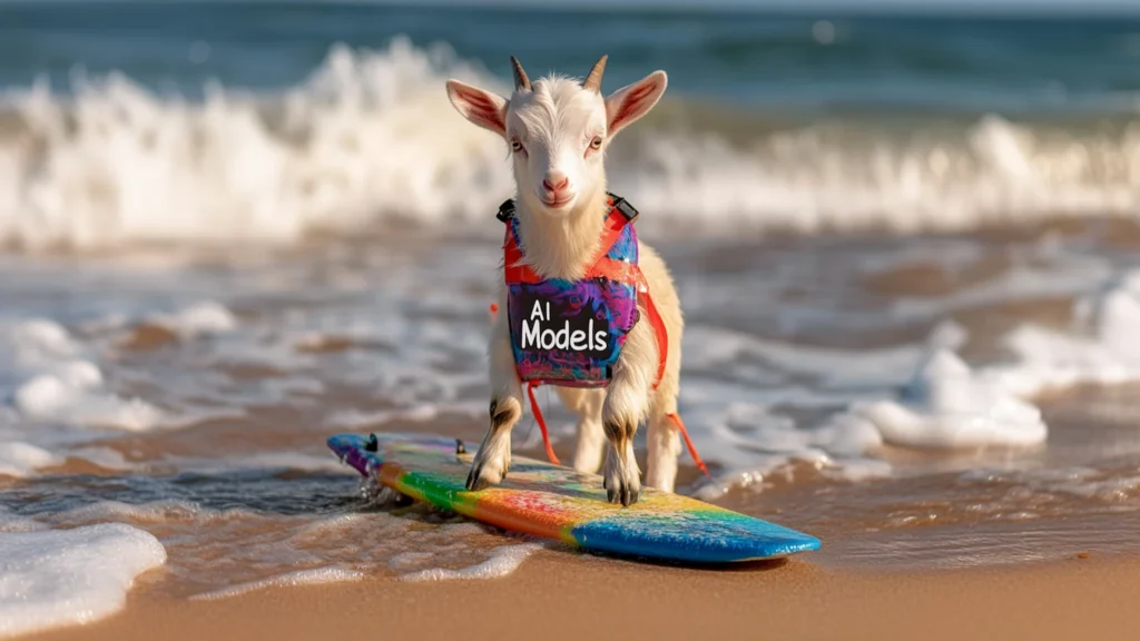 Playful illustration of a baby goat in colorful clothes surfing at the beach, wearing a sign labeled 'AI Models'; visual metaphor for a blog post about trending AI models.