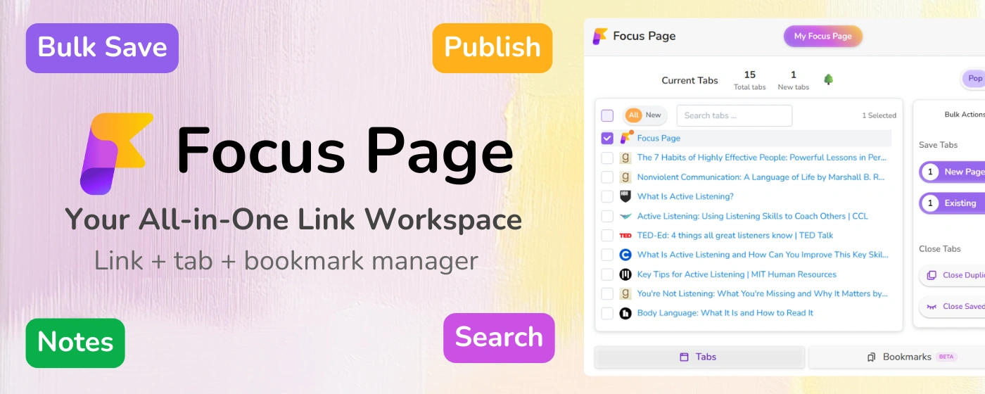 Chrome Web Store promo tile for Focus Page extension. Left: logo, tagline 'Your all-in-one link workspace, link+tab+bookmark manager' and feature keywords: Bulk Save, Publish, Notes, Search. Right: screenshot of main interface.