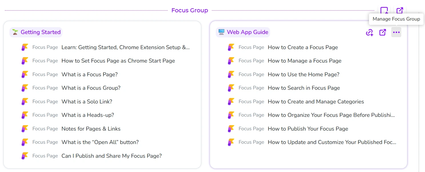 Web app screenshot showing Focus Groups with buttons to add, open all, and manage focus groups. One group is highlighted in a demonstration.