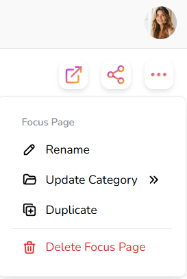 Web app menu for managing a focus page, showing options to rename, update or remove category, duplicate, and delete the focus page.