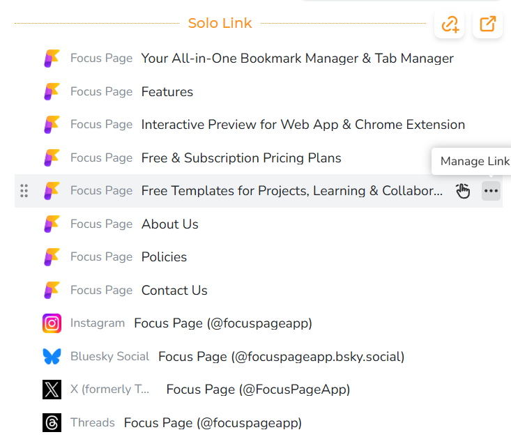 Web app screenshot showing Solo Links section with buttons to add, open all, and manage links. One link is highlighted on hover in a demonstration.