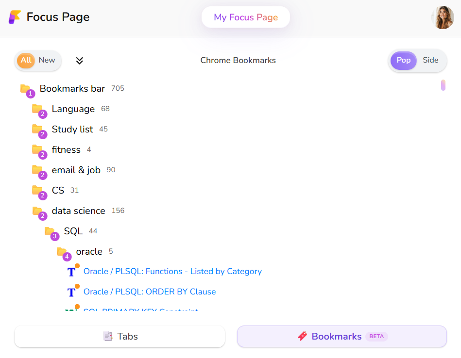 Screenshot of the Focus Page Chrome extension in popup view. A vertical list of Chrome bookmarks and folders is displayed with indentation indicating folder levels. Each bookmark shows a site icon and title. Top-left controls allow filtering and expanding or collapsing all folders. Top-right toggle lets users switch between popup and side panel views; popup is currently active. Bottom navigation toggles between Tabs and Bookmarks. The interface is clean and minimal, optimized for focused browsing.