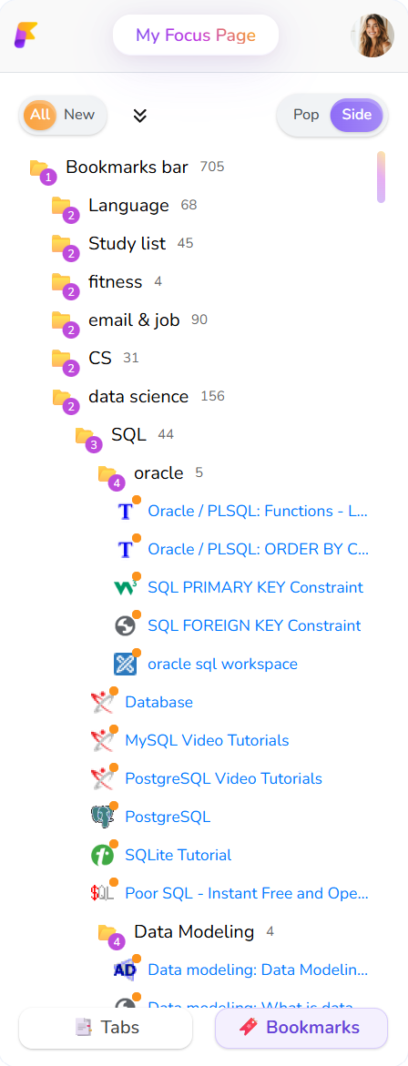 Screenshot of the Focus Page Chrome extension in side panel view, showing the Bookmarks tab. Bookmarks are listed with website favicons, titles, and visual indicators of folder hierarchy. Top-left controls allow filtering and expanding/collapsing bookmarks. Top-right toggle is set to popup view. Bottom navigation buttons switch between Tabs and Bookmarks. The clean interface emphasizes focus and ease of use.